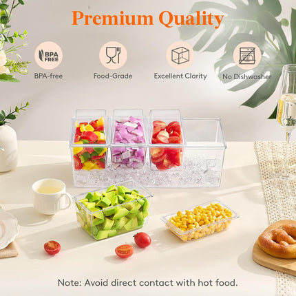 Taco Bar Serving Set for Party with 4 x 20 oz Containers, Ice Chilled Condiment Caddy Organizer, Garnish Serving Tray Platter for Mimosa Bar Accessories, Fruit, Salad, Food