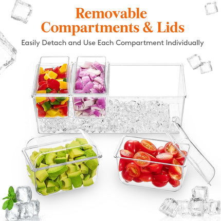Taco Bar Serving Set for Party with 4 x 20 oz Containers, Ice Chilled Condiment Caddy Organizer, Garnish Serving Tray Platter for Mimosa Bar Accessories, Fruit, Salad, Food