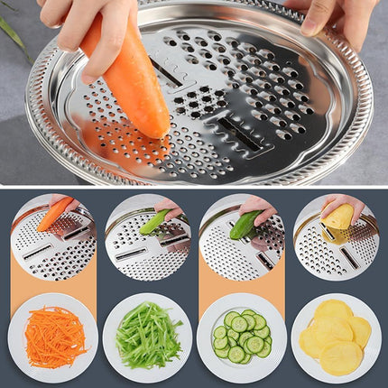 Germany Multifunctional Stainless Steel Basin, Multifunction Stainless Steel Basin with Grater 3 in 1 Vegetable Cutter for Kitchen, Vegetable Slicer Grater Strainer and Drain Basket (10.2 inch)