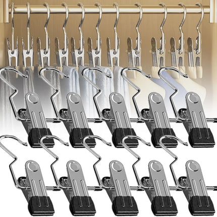 Space-Saving Clothespin Hat Pants Storage Hanging Travel Hook, Stainless Steel Boot Hangers Clips Boot Hangers for Closet, Laundry Hooks Hanging Clips Clothes Pins Socks Towel Clips (Black, 10Pcs)