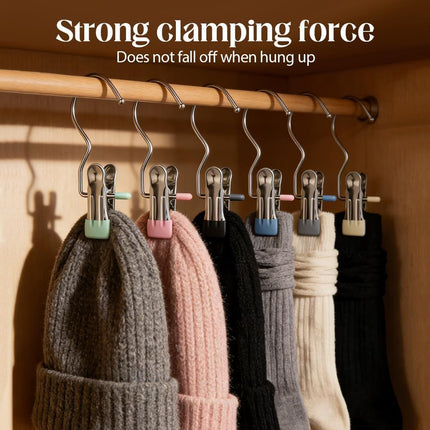 Space-Saving Clothespin Hat Pants Storage Hanging Travel Hook, Stainless Steel Boot Hangers Clips Boot Hangers for Closet, Laundry Hooks Hanging Clips Clothes Pins Socks Towel Clips (Black, 10Pcs)