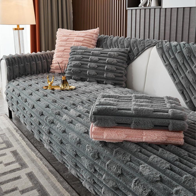 Super Soft Plush Non-Slip Sofa Cushion Covers Thick Rabbit Plush Sofa Cushion Super Soft Faux in Dark Grey