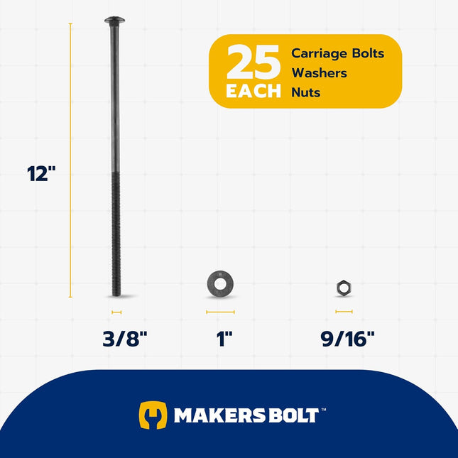 3/8 x 12 (25 Pack) Black Carriage Bolt Kit Grade 307A Ceramic Coated for Exterior Use 2X Rust Resistance – product detail