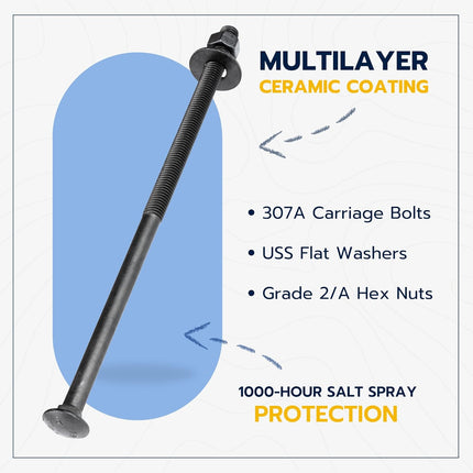 3/8" x 12" (25 Pack) Black Carriage Bolt Kit, Grade 307A, Ceramic Coated for Exterior Use, 2X Rust Resistance of Galvanized by Makers Bolt