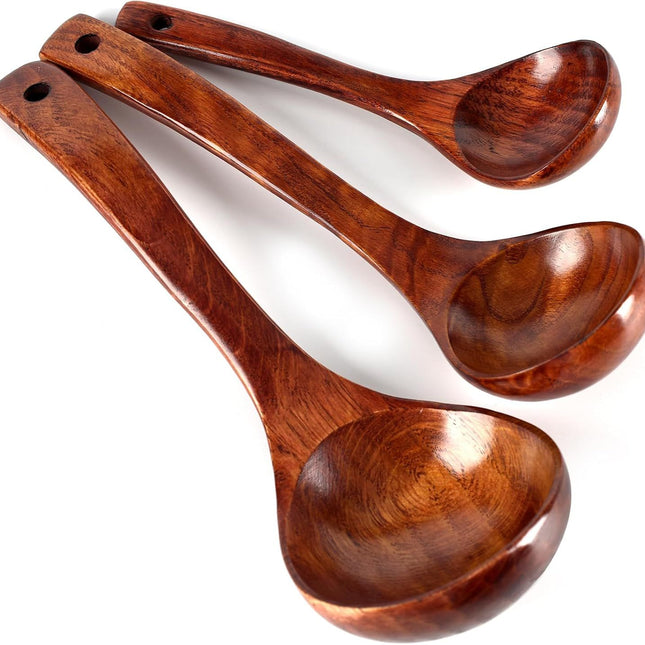 Wooden Ladle for Soup, 3 Size Wooden Spoons for Deep Pot & Bowl, Heat Resistant Handles, Non-Stick Wood Kitchen Utensils Set for Cooking, Serving and Stirring Thick Stews, House Warming Gifts