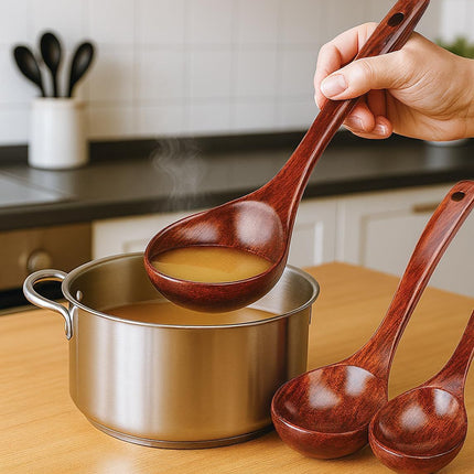 Wooden Ladle for Soup, 3 Size Wooden Spoons for Deep Pot & Bowl, Heat Resistant Handles, Non-Stick Wood Kitchen Utensils Set for Cooking, Serving and Stirring Thick Stews, House Warming Gifts