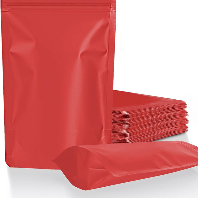 100 Pack Resealable Stand Up Bags,7.9" x 11.8" Smell Proof Pouch Sealable Foil Pouch Bags for Packaging (Red)