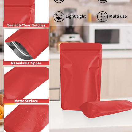 100 Pack Resealable Stand Up Bags,7.9" x 11.8" Smell Proof Pouch Sealable Foil Pouch Bags for Packaging (Red)