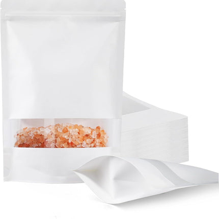 100 Pcs White Paper Bags with Window, 7.9" x 11.8" Stand Up Pouches Bags, Zipper Food Storage Bags for Packaging Products, Reusable, Sealable