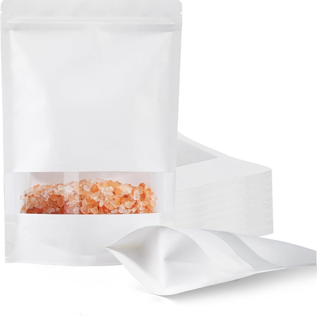 100 Pcs White Paper Bags with Window, 7.9" x 11.8" Stand Up Pouches Bags, Zipper Food Storage Bags for Packaging Products, Reusable, Sealable