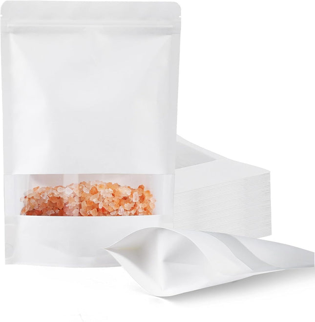 100 Pcs White Paper Bags with Window 7.9 x 11.8 Stand Up Pouches Bags Zipper Food Storage Bags for