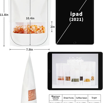 100 Pcs White Paper Bags with Window, 7.9" x 11.8" Stand Up Pouches Bags, Zipper Food Storage Bags for Packaging Products, Reusable, Sealable