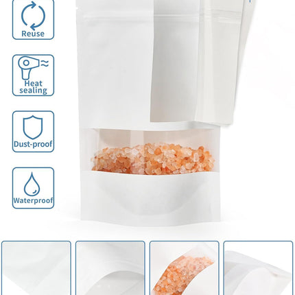 100 Pcs White Paper Bags with Window, 7.9" x 11.8" Stand Up Pouches Bags, Zipper Food Storage Bags for Packaging Products, Reusable, Sealable