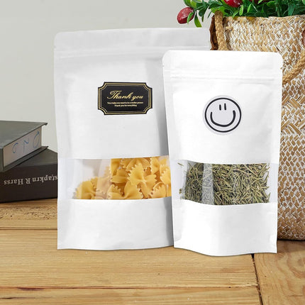 100 Pcs White Paper Bags with Window, 7.9" x 11.8" Stand Up Pouches Bags, Zipper Food Storage Bags for Packaging Products, Reusable, Sealable