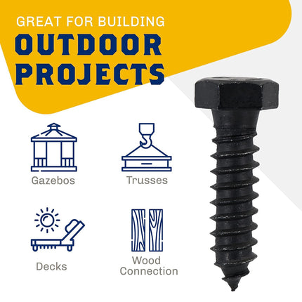 1/2" x 2”, 25-Piece Black Lag Bolts, Rustproof 4-Layer Ceramic BLAKOTE, 2X Protection of Galvanized Lag Screws, for Decks Pergolas by Makers Bolt