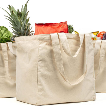 Canvas Grocery Bag 3pc XL Set with Real Pockets, Long Shoulder Strap and Short Handle. Heavy Duty, Foldable, Washable