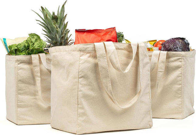 Canvas Grocery Bag 3pc XL Set with Real Pockets Long Shoulder Strap and Short Handle.Heavy Duty Foldable