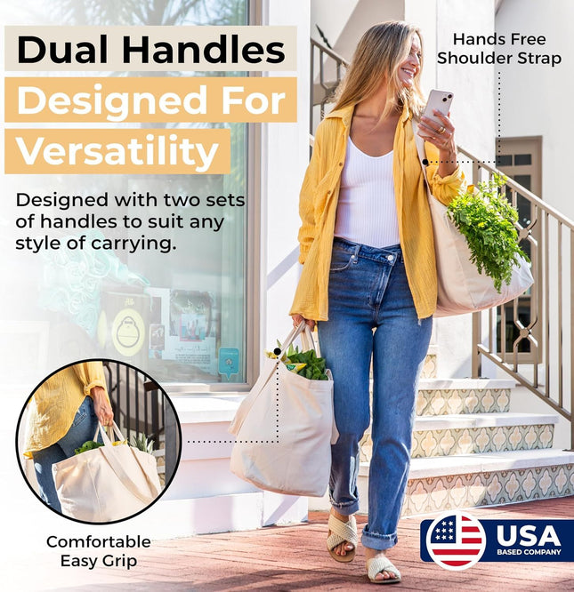 Canvas Grocery Bag 3pc XL Set with Real Pockets Long Shoulder Strap and Short Handle.Heavy Duty Foldable – product detail