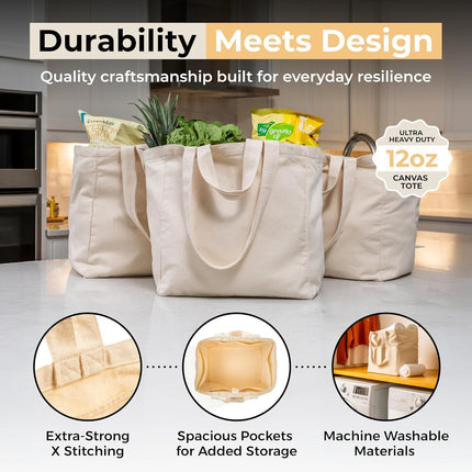Canvas Grocery Bag 3pc XL Set with Real Pockets, Long Shoulder Strap and Short Handle. Heavy Duty, Foldable, Washable