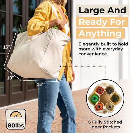 Canvas Grocery Bag 3pc XL Set with Real Pockets, Long Shoulder Strap and Short Handle. Heavy Duty, Foldable, Washable