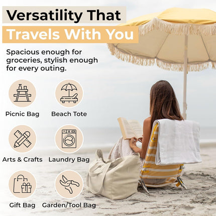 Canvas Grocery Bag 3pc XL Set with Real Pockets, Long Shoulder Strap and Short Handle. Heavy Duty, Foldable, Washable