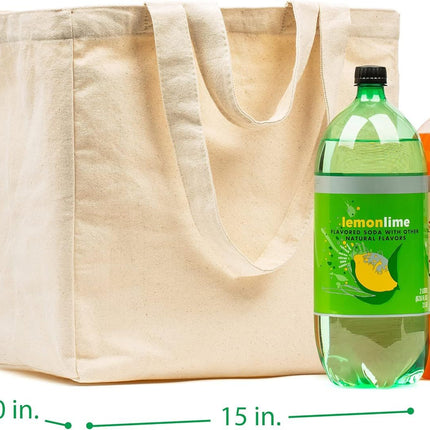 Canvas Grocery Bag 3pc XL Set with Real Pockets, Long Shoulder Strap and Short Handle. Heavy Duty, Foldable, Washable