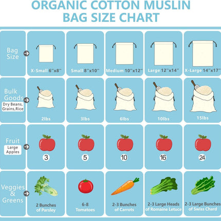 10-Pack 10” x 12” Reusable Produce Bags, Muslin Bags with Drawstrings for Shopping & Storage, 100% Natural Cotton Bags, Washable, Biodegradable, Food Safe