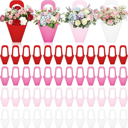 48 Pcs Mother's Day Flower Bouquet Holder Bulk with Handle Pink Red Florist Floral Bouquet Boxes for Arrangements Flower Gift Bags Packaging for Bridal Wedding Birthday Party Decor
