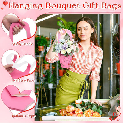 48 Pcs Mother's Day Flower Bouquet Holder Bulk with Handle Pink Red Florist Floral Bouquet Boxes for Arrangements Flower Gift Bags Packaging for Bridal Wedding Birthday Party Decor