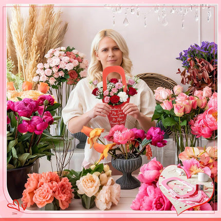 48 Pcs Mother's Day Flower Bouquet Holder Bulk with Handle Pink Red Florist Floral Bouquet Boxes for Arrangements Flower Gift Bags Packaging for Bridal Wedding Birthday Party Decor