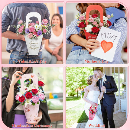 48 Pcs Mother's Day Flower Bouquet Holder Bulk with Handle Pink Red Florist Floral Bouquet Boxes for Arrangements Flower Gift Bags Packaging for Bridal Wedding Birthday Party Decor