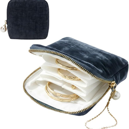 Travel Jewelry Case, Small Velvet Jewelry Pouch Bag with Zipper, Mini Portable Organizer for Earrings Rings Necklaces, Anti-Scratch Portable Storage Bag (Smog Blue)