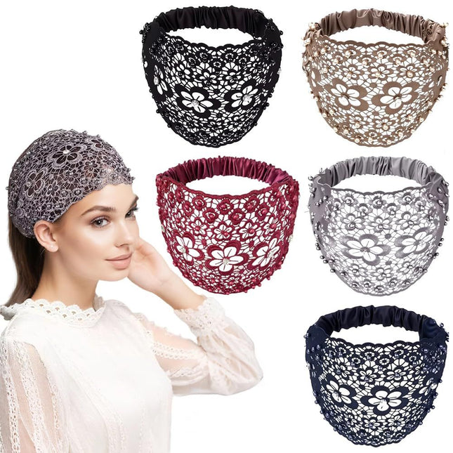 2025 New Elegant Floral Beaded Headbands for Women Wide Lace Hair Bandanas Boho Hair Accessories (5PCS one
