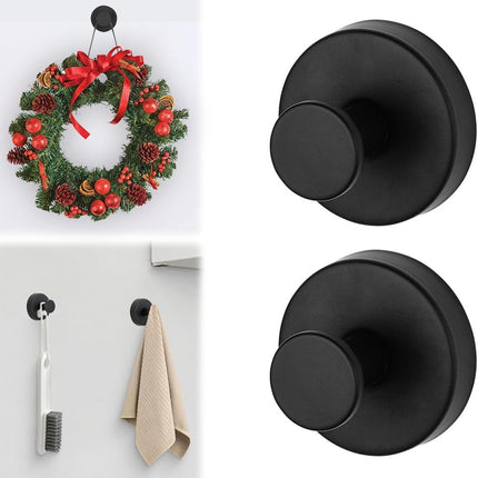 Suction Cup Hooks - 2025 Upgraded Stainless Steel Heavy Duty No Drill Hooks for Wreaths on Glass, Shower Towels & Front Door (2, Black)