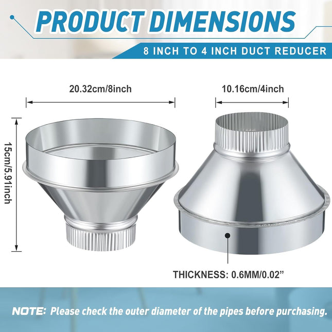 8 Inch to 4 Inch Duct Reducer Increaser Galvanized Steel Air Duct Adapter Round Crimped Pipe Connector – product detail