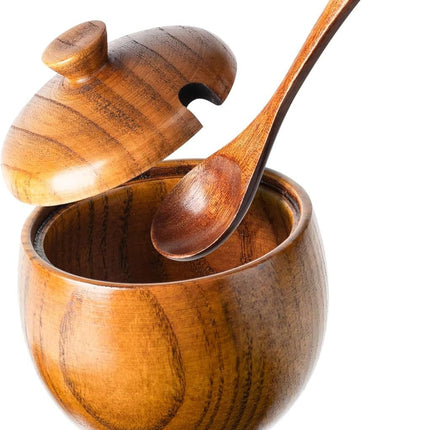 Jujube Wood Salt Container for Countertop, 6 Ounces Capacity Salt Cellar with Lid and Spoon, 3.3x3.5 inch Salt Box, Unique Salt Holder for Kitchen, Elegant Wooden Salt and Pepper Bowl