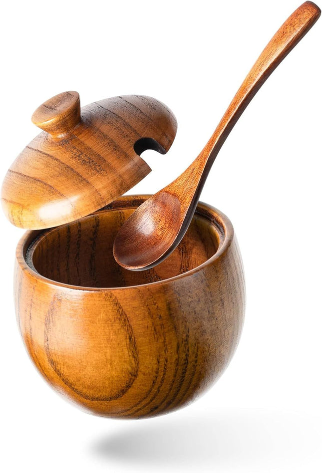 Jujube Wood Salt Container for Countertop 6 Ounces Capacity Salt Cellar with Lid and Spoon