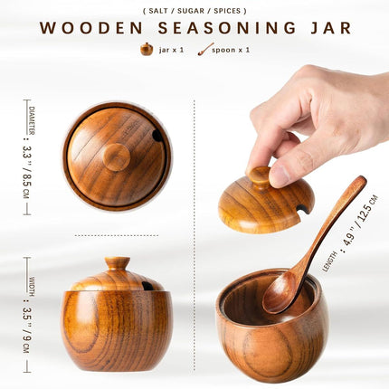 Jujube Wood Salt Container for Countertop, 6 Ounces Capacity Salt Cellar with Lid and Spoon, 3.3x3.5 inch Salt Box, Unique Salt Holder for Kitchen, Elegant Wooden Salt and Pepper Bowl
