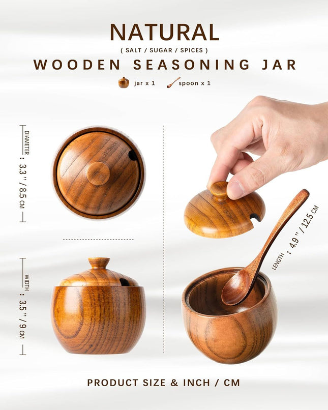 Jujube Wood Salt Container for Countertop 6 Ounces Capacity Salt Cellar with Lid and Spoon – product detail