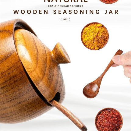 Jujube Wood Salt Container for Countertop, 6 Ounces Capacity Salt Cellar with Lid and Spoon, 3.3x3.5 inch Salt Box, Unique Salt Holder for Kitchen, Elegant Wooden Salt and Pepper Bowl