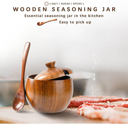 Jujube Wood Salt Container for Countertop, 6 Ounces Capacity Salt Cellar with Lid and Spoon, 3.3x3.5 inch Salt Box, Unique Salt Holder for Kitchen, Elegant Wooden Salt and Pepper Bowl