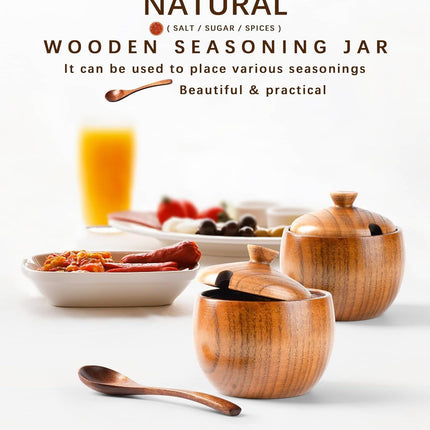 Jujube Wood Salt Container for Countertop, 6 Ounces Capacity Salt Cellar with Lid and Spoon, 3.3x3.5 inch Salt Box, Unique Salt Holder for Kitchen, Elegant Wooden Salt and Pepper Bowl