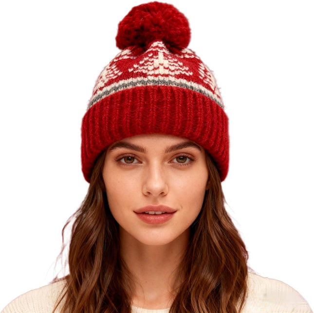 Women's Thick Classic Knit Bobble Hat for Winter Warm Thermal Beanie with Pom Pom for Girls