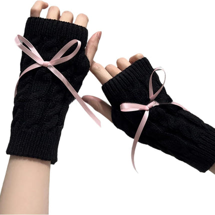 Cable Knitted Hand Warmer Half Finger Mittens with Silky Bowknot, Women's Arm Warmers Sleeve Gloves for Winter