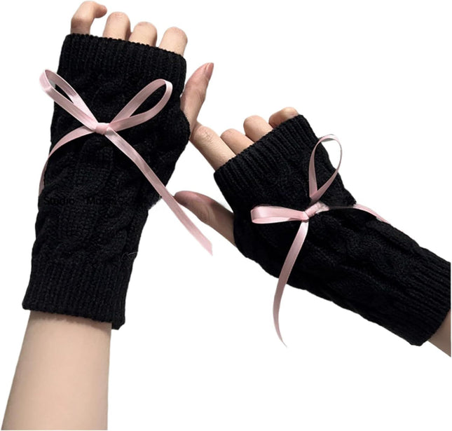 Cable Knitted Hand Warmer Half Finger Mittens with Silky Bowknot Women's Arm Warmers Sleeve Gloves for