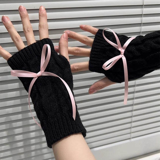 Cable Knitted Hand Warmer Half Finger Mittens with Silky Bowknot Women's Arm Warmers Sleeve Gloves for – product detail
