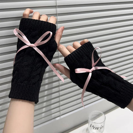 Cable Knitted Hand Warmer Half Finger Mittens with Silky Bowknot, Women's Arm Warmers Sleeve Gloves for Winter