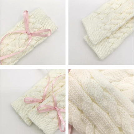 Cable Knitted Hand Warmer Half Finger Mittens with Silky Bowknot, Women's Arm Warmers Sleeve Gloves for Winter