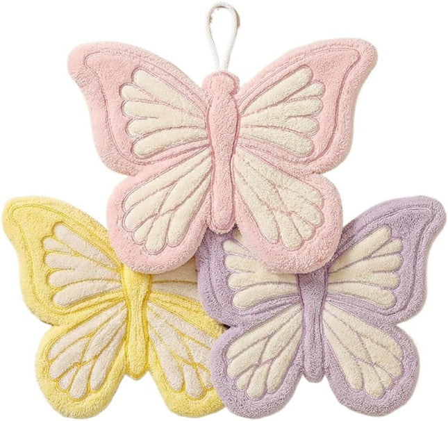 Butterfly Shaped Hanging Hand Towel 3 Pcs Set Extra Thick Coral Fleece Ultra Absorbent Kitchen Bathroom