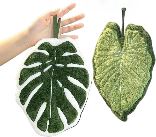 2 Pcs Set Leaf Design Coral Fleece Hand Towel Soft Absorbent Towel for Kitchen Bathroom and Countertop Decor